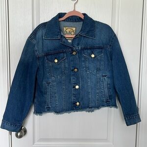 Michael KORS MK Crop Denim Jean Jacket Women’s Frayed Hem Size Medium